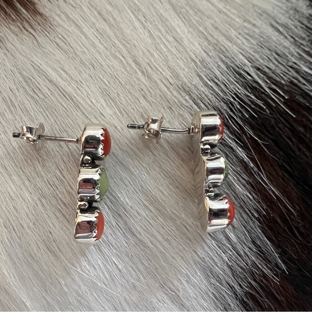 ❤️Italian Red Coral Emerald Valley Turquoise Navajo Style Post Back Earrings 925 - Picture 6 of 12